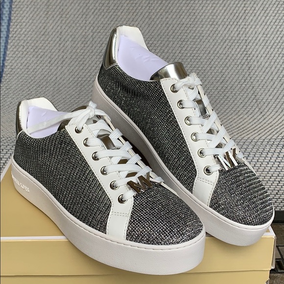 MICHAEL KORS POPPY LACE UP GLITTER CHAIN MESH SILV - Picture 4 of 16